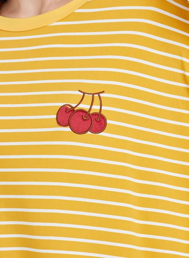 Styli Women Yellow Stripes Embroidered Nightdress